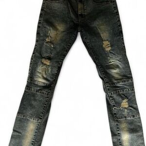 Stacked Distressed Patchwork Jeans Size 30 Streetwear Biker Denim